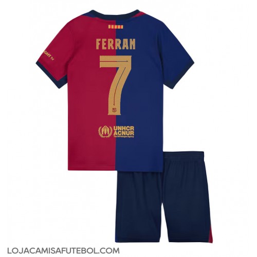 Camisa de Futebol Barcelona Ferran Torres #7 Equipamento Principal Infantil 2024-25 Manga Curta (+ Calças curtas)